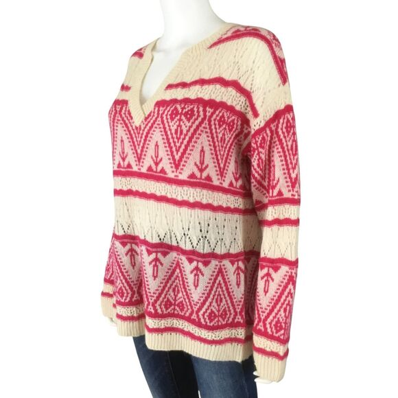 Sundance Brixen Fair Isle V-Neck Sweater Size M Wool Blend Pointelle Pink White - Picture 3 of 16